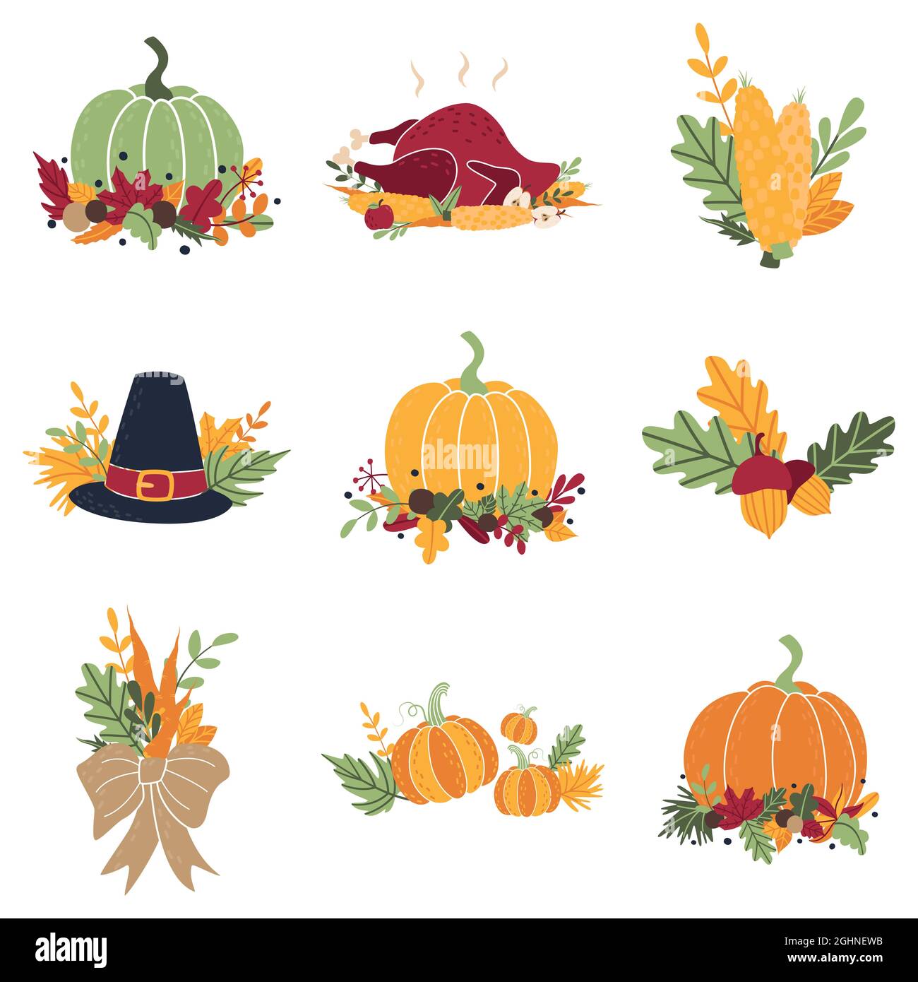 Collezione di semplice culetto piatto per il giorno del Ringraziamento, giorno del raccolto, Halloween. Set di adesivi cartoni animati autunnali con zucche, tacchino, mais, carote Illustrazione Vettoriale