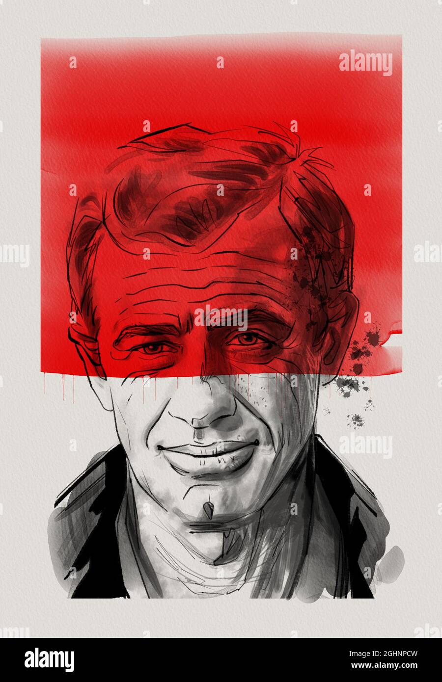 Ritratto dell'attore Jean Paul Belmondo, cartone animato, stile fumetto,  arte grafica, inchiostro, acquerello, nero e rosso su carta bianca Foto  stock - Alamy