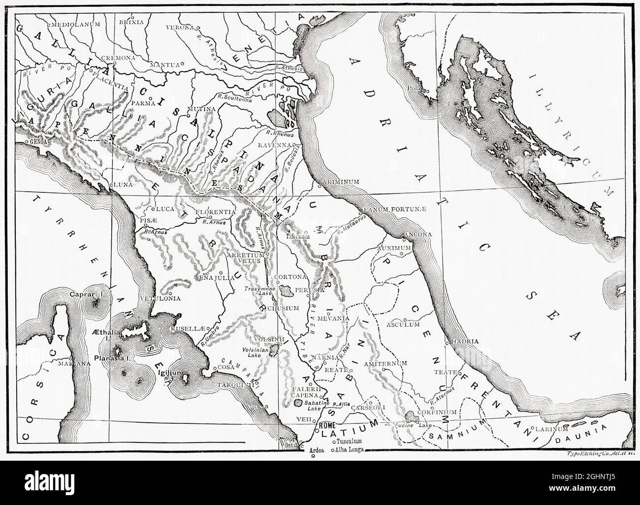 Mappa dell'Italia settentrionale e centrale in tempi antichi. Dalla storia universale illustrata di Cassell, pubblicata nel 1883. Foto Stock