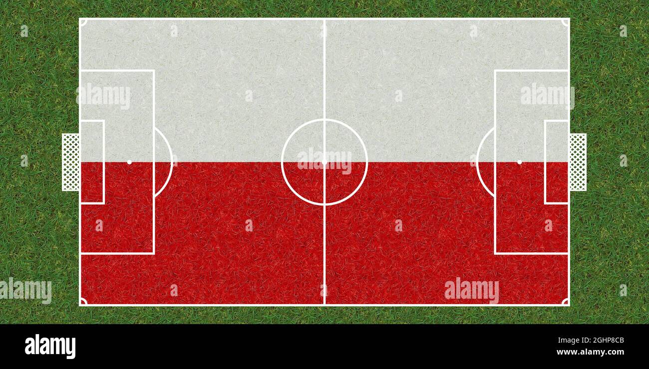 Vista dall'alto del campo da calcio Green Grass con bandiera della Polonia. Sfondo del calcio. illustrazione 3d, Foto Stock