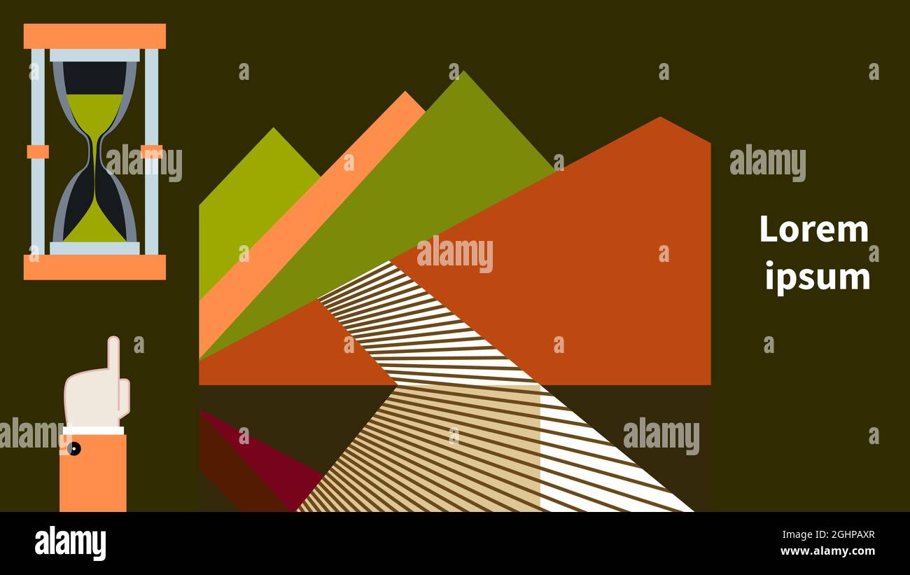 La mano punta alla clessidra. Astratto montagne e strada. Sfondo della composizione geometrica lineare. Metafora di scegliere il percorso verso l'obiettivo. Tema di transizione temporale Illustrazione Vettoriale