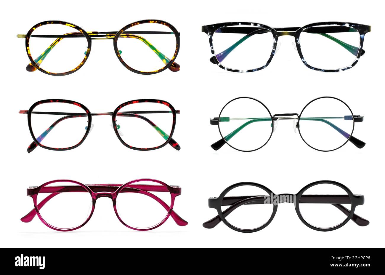 Gruppo di occhiali moderni e alla moda isolati su sfondo bianco, perfetto riflesso, occhiali Foto Stock