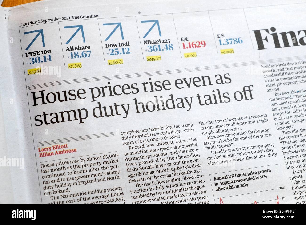 Giornale headline Guardian pagina finanziaria articolo 'i prezzi della casa aumentano anche come il bollo duty Holiday Tails off ' il 2 settembre 2021 a Londra Inghilterra Regno Unito Foto Stock