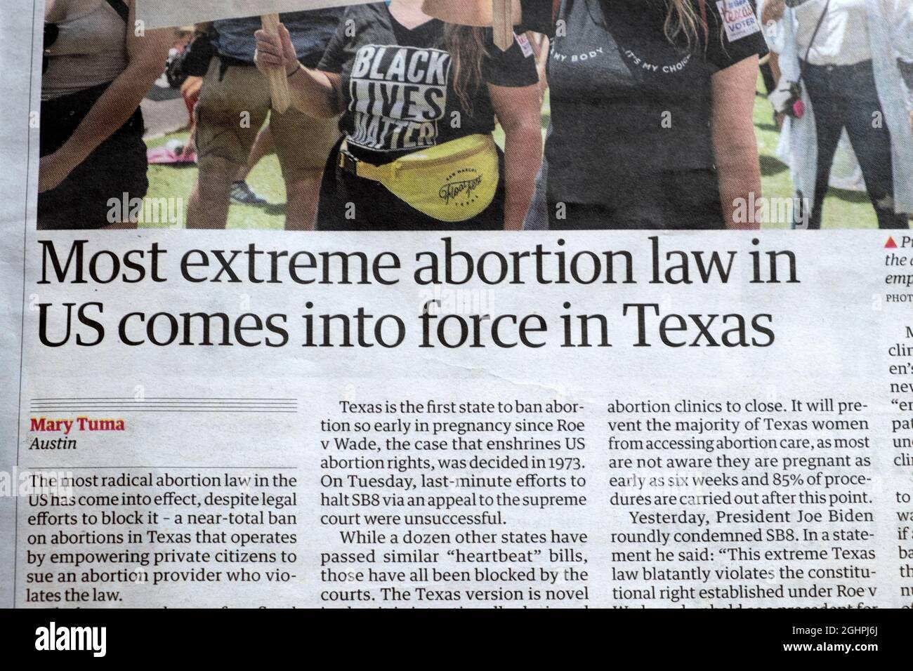 Guardian Newspaper headline 'la più legge sull'aborto estremo negli Stati Uniti entra in vigore in Texas' 21 Settembre 2021 Londra Inghilterra Regno Unito Foto Stock