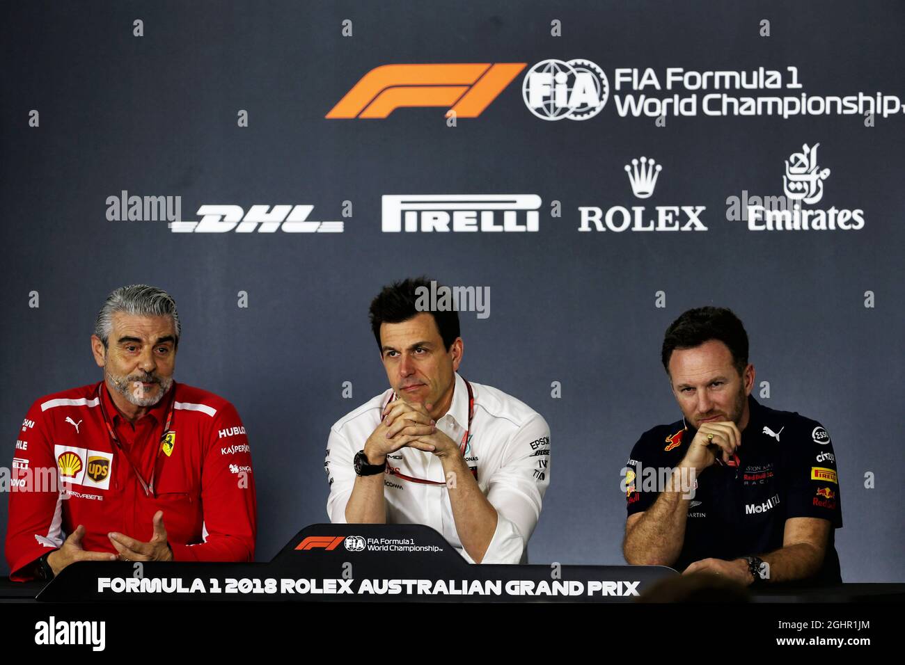 (Da L a R): Maurizio Arrivabene (ITA) Ferrari Team Principal; Toto Wolff (GER) Mercedes AMG F1 azionista e Direttore Esecutivo; e Christian Horner (GBR) Red Bull Racing Team Principal, alla FIA Press Conference. 23.03.2018. Formula 1 World Championship, Rd 1, Australian Grand Prix, Albert Park, Melbourne, Australia, giorno di pratica. Il credito fotografico dovrebbe essere: XPB/Press Association Images. Foto Stock