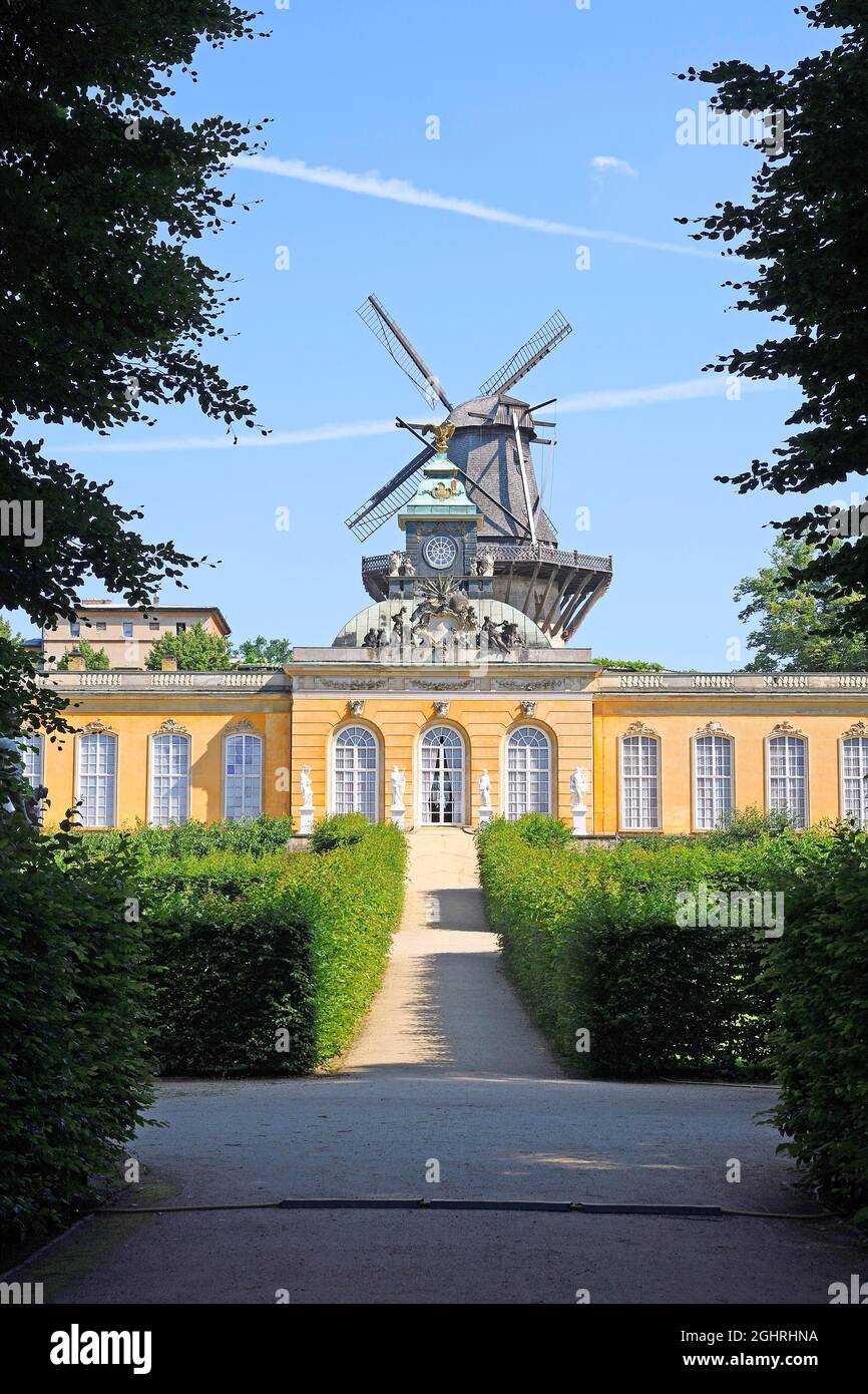Vista della cupola delle nuove camere con storico mulino a vento alle sue spalle, Sanssouci Palace Park, Potsdam, Brandeburgo, Germania Foto Stock