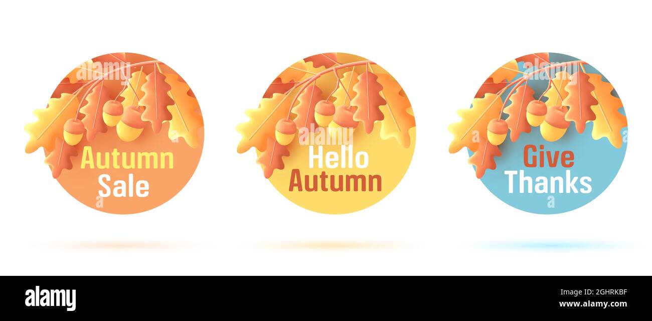Vendita autunnale, etichetta prezzo con rappresentazione 3d di ramo di quercia con foglie gialle e ghiande con testo di vendita promo, adesivo rotondo isolato Illustrazione Vettoriale