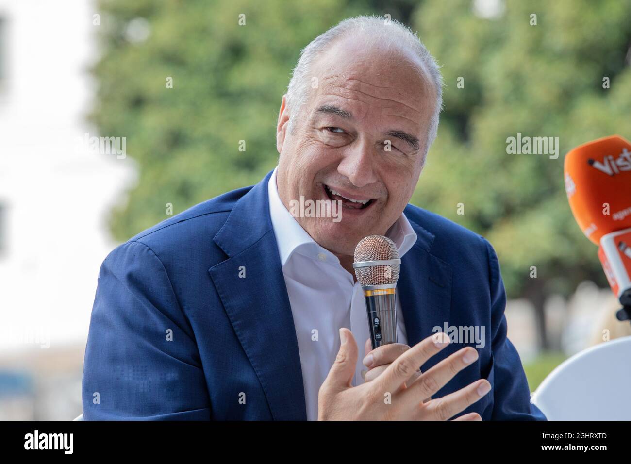 Roma, Italia. 7 settembre 2021. Il sindaco candidato al centro destra Enrico Michetti durante la conferenza stampa per presentare i candidati dei Fratelli d'Italia (IDE) alle elezioni amministrative di Roma. Credit: Cosimo Martemucci/Alamy Live News Foto Stock