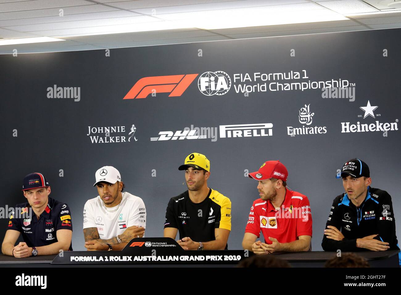 La FIA Press Conference (da L a R): Max Verstappen (NLD) Red Bull Racing; Lewis Hamilton (GBR) Mercedes AMG F1; Daniel Ricciardo (AUS) Team Renault F1; Sebastian Vettel (GER) Ferrari; Robert Kubica (POL) Williams Racing. 14.03.2019. Formula 1 World Championship, Rd 1, Australian Grand Prix, Albert Park, Melbourne, Australia, giorno di preparazione. Il credito fotografico dovrebbe essere: XPB/Press Association Images. Foto Stock