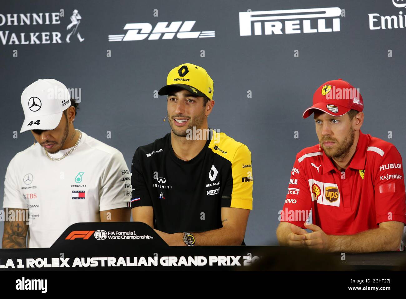 (Da L a R): Lewis Hamilton (GBR) Mercedes AMG F1; Daniel Ricciardo (AUS) Team Renault F1; Sebastian Vettel (GER) Ferrari, alla FIA Press Conference. 14.03.2019. Formula 1 World Championship, Rd 1, Australian Grand Prix, Albert Park, Melbourne, Australia, giorno di preparazione. Il credito fotografico dovrebbe essere: XPB/Press Association Images. Foto Stock