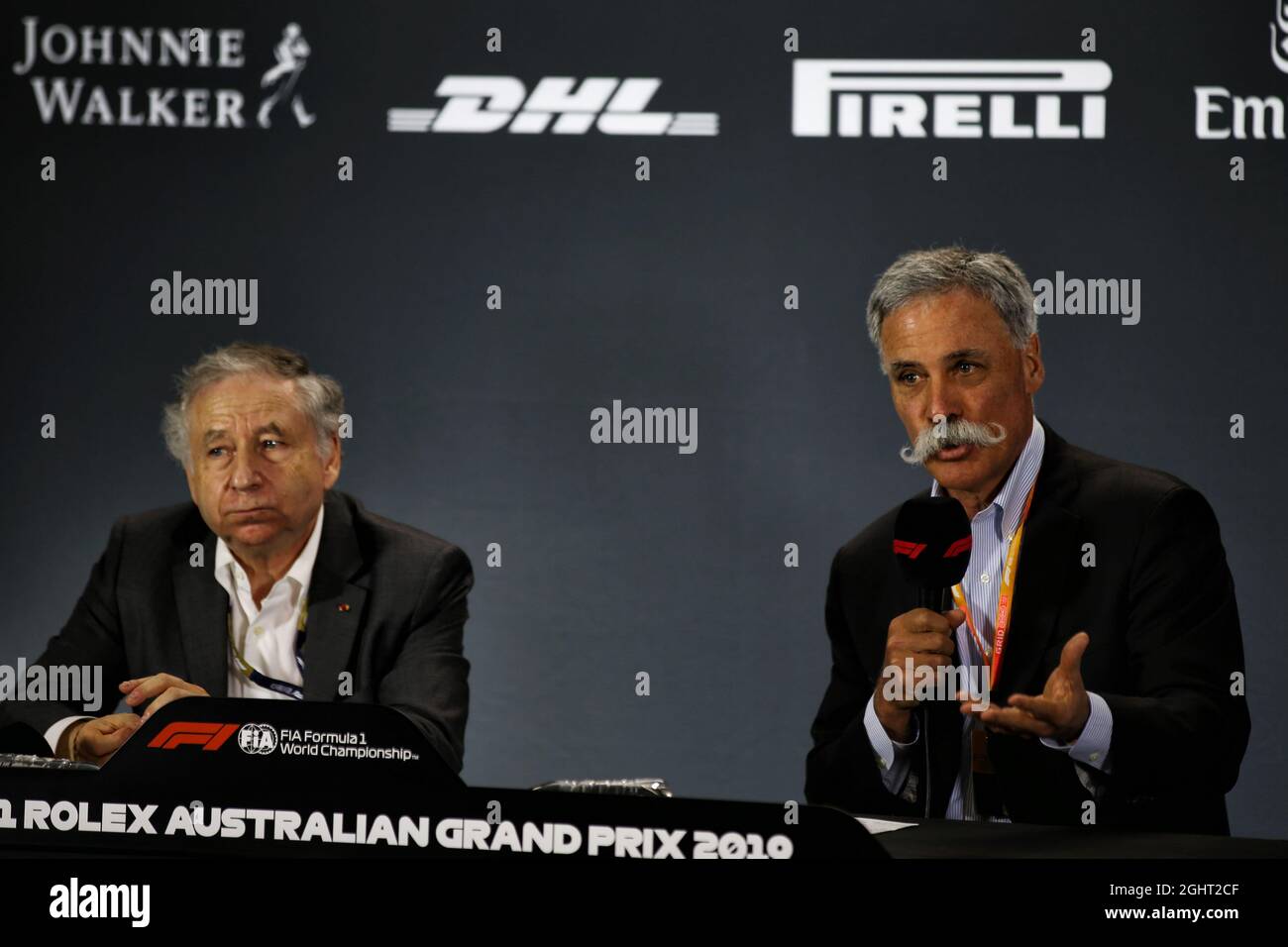 (Da L a R): Jean Todt (fra) Presidente FIA e Chase Carey (USA) Presidente del Gruppo di Formula uno in una conferenza stampa FIA. 15.03.2019. Formula 1 World Championship, Rd 1, Australian Grand Prix, Albert Park, Melbourne, Australia, giorno di pratica. Il credito fotografico dovrebbe essere: XPB/Press Association Images. Foto Stock