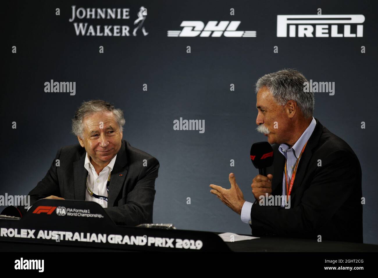 (Da L a R): Jean Todt (fra) Presidente FIA e Chase Carey (USA) Presidente del Gruppo di Formula uno in una conferenza stampa FIA. 15.03.2019. Formula 1 World Championship, Rd 1, Australian Grand Prix, Albert Park, Melbourne, Australia, giorno di pratica. Il credito fotografico dovrebbe essere: XPB/Press Association Images. Foto Stock