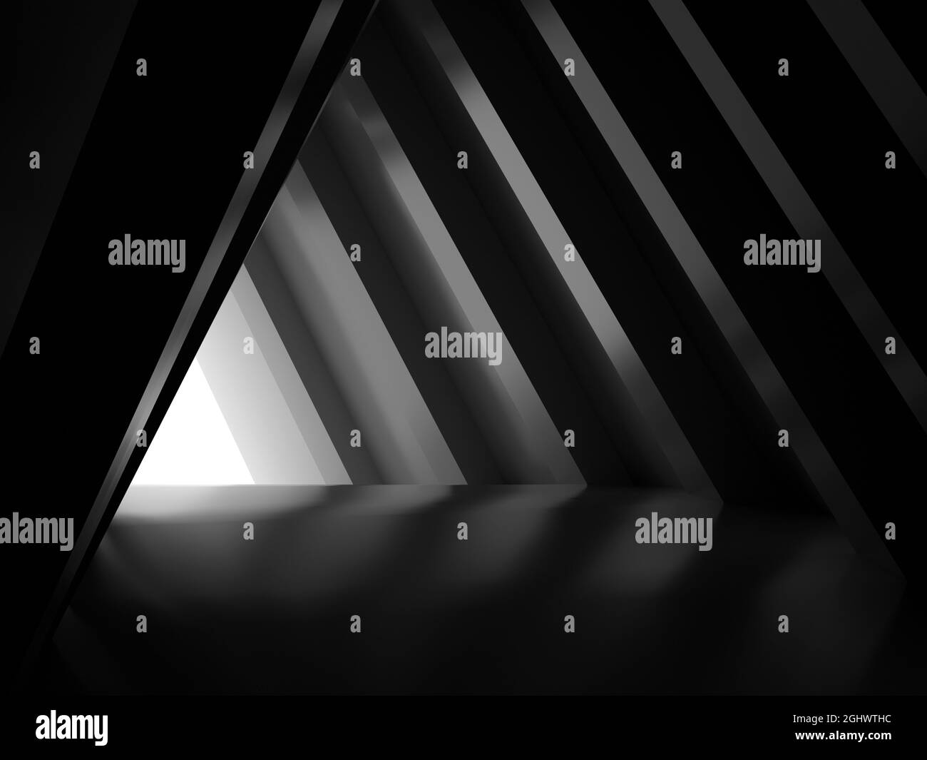Astratto sfondo interno nero lucido, tunnel triangolare vuoto con estremità bianca brillante, grafica digitale per computer, illustrazione di rendering 3d Foto Stock