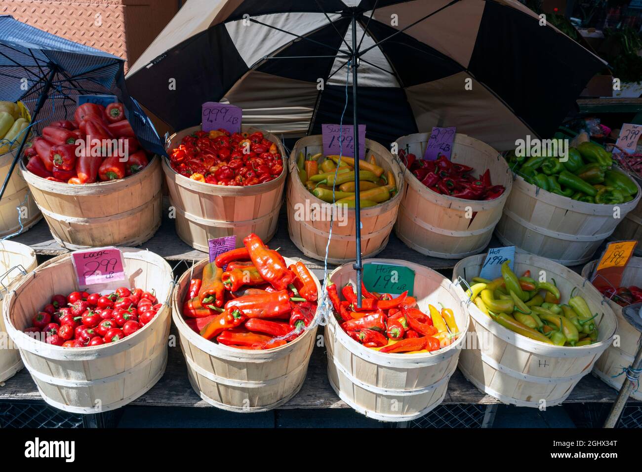 Un raccolto di cesti di peperoncini rossi freschi caldi è visto al mercato. Foto Stock