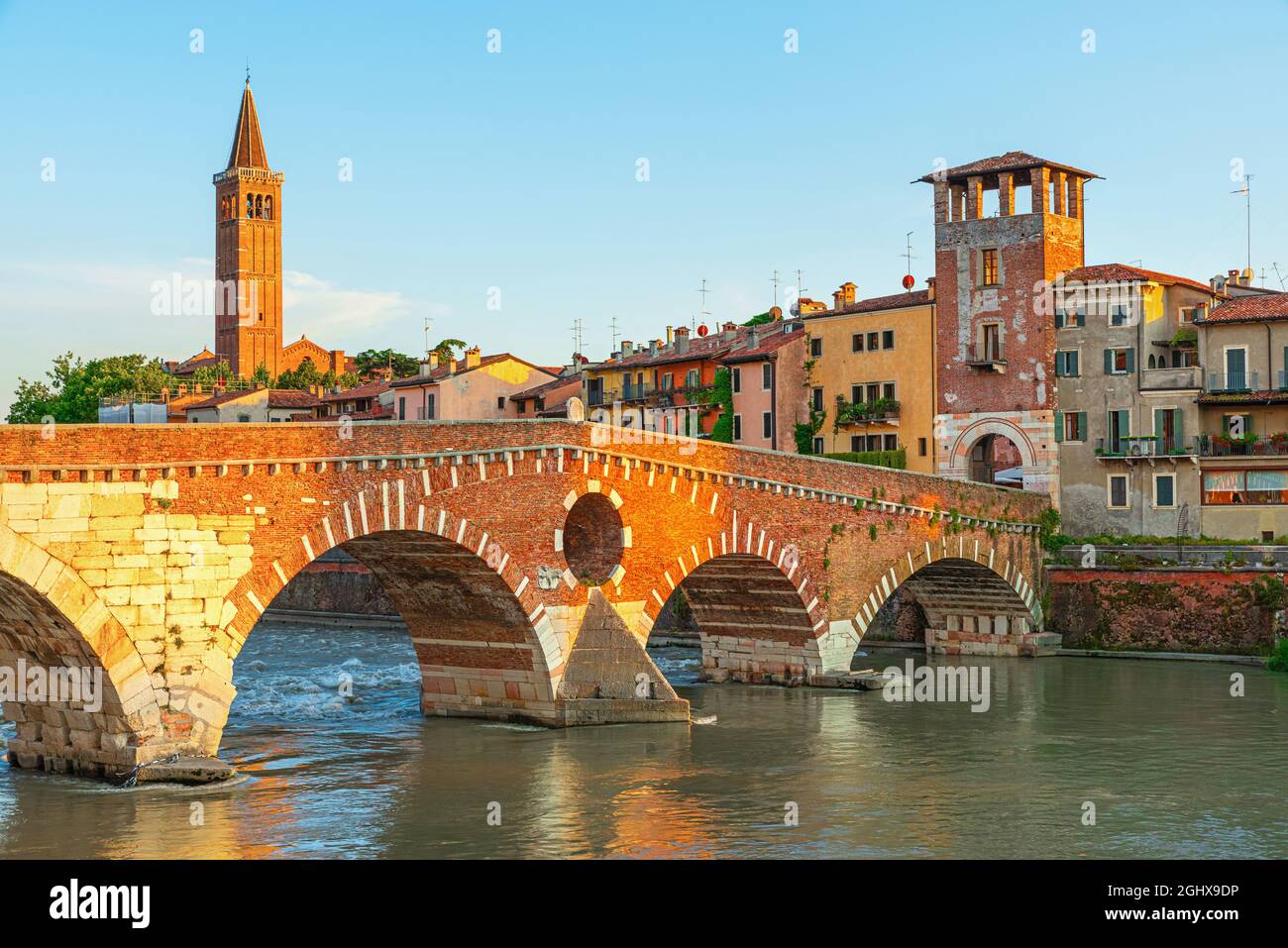 Vista sul Ponte pietra a Verona sul fiume Adige, regione Veneto, Italia. Paesaggio mattutino estivo. Destinazione del viaggio Foto Stock