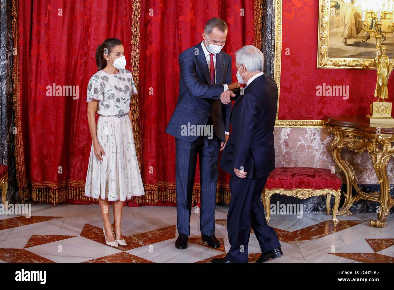 Re Felipe VI di Spagna e la regina Letizia di Spagna partecipano a un pranzo con il presidente del Cile al Palazzo reale il 7 settembre 2021 a Madrid, Spagna. Foto di Archie Andrews/ABACAPRESS.COM Foto Stock