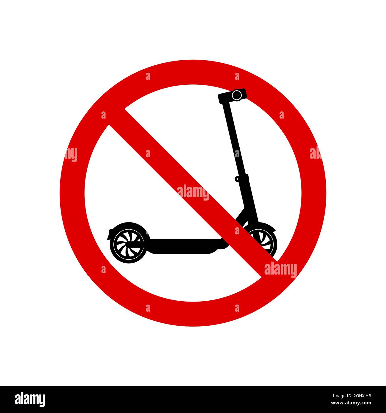Segnale di divieto di spinta dello scooter. Nessun simbolo, non firmare, cerchio simbolo barra rovesciata, nay, simbolo vietato, non farlo simbolo isolato su bianco. Vettore il Illustrazione Vettoriale