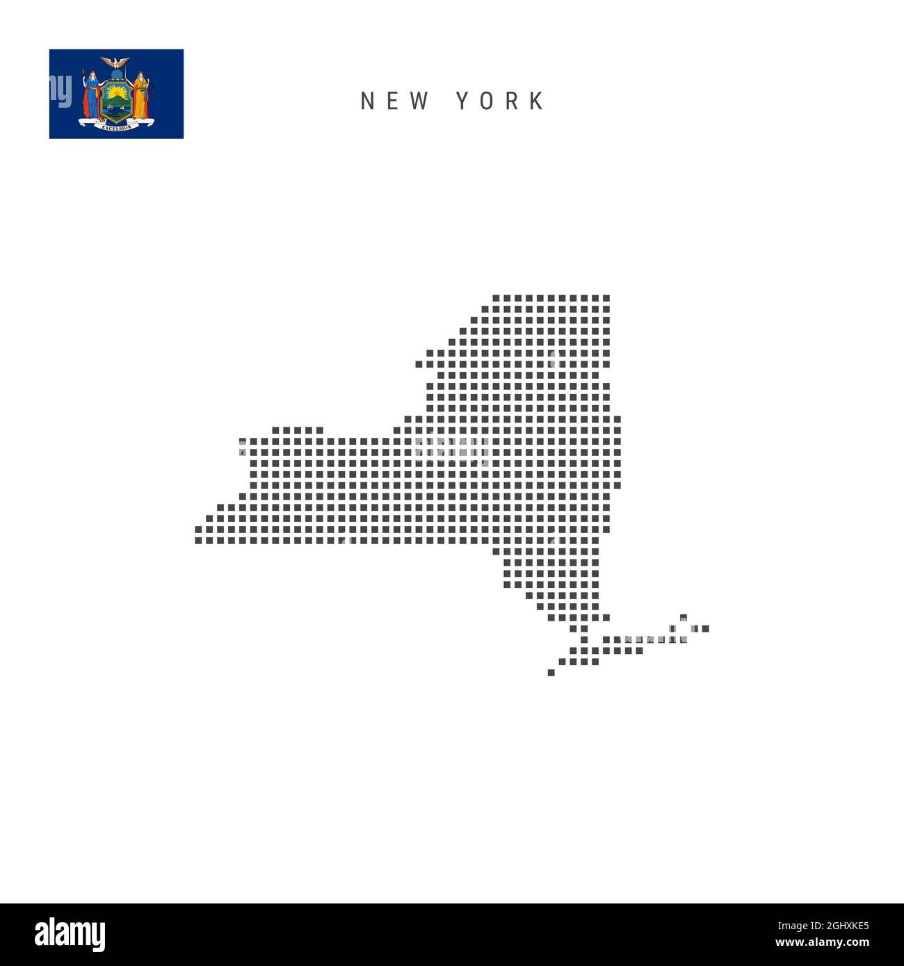 Mappa a punti quadrati di New York. Mappa pixel punteggiata con flag isolato su sfondo bianco. Illustrazione vettoriale. Illustrazione Vettoriale