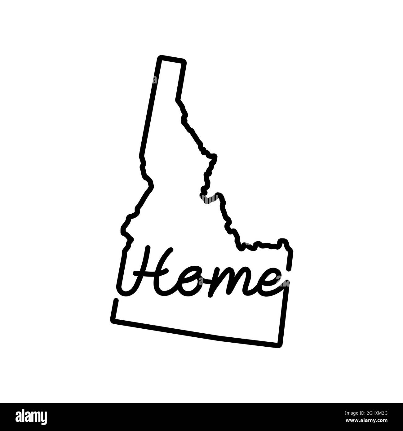 Idaho US mappa del profilo dello stato con la PAROLA HOME scritta a mano. Linea continua di segno di casa patriottica. Un amore per una piccola patria. Arredamento interno Illustrazione Vettoriale