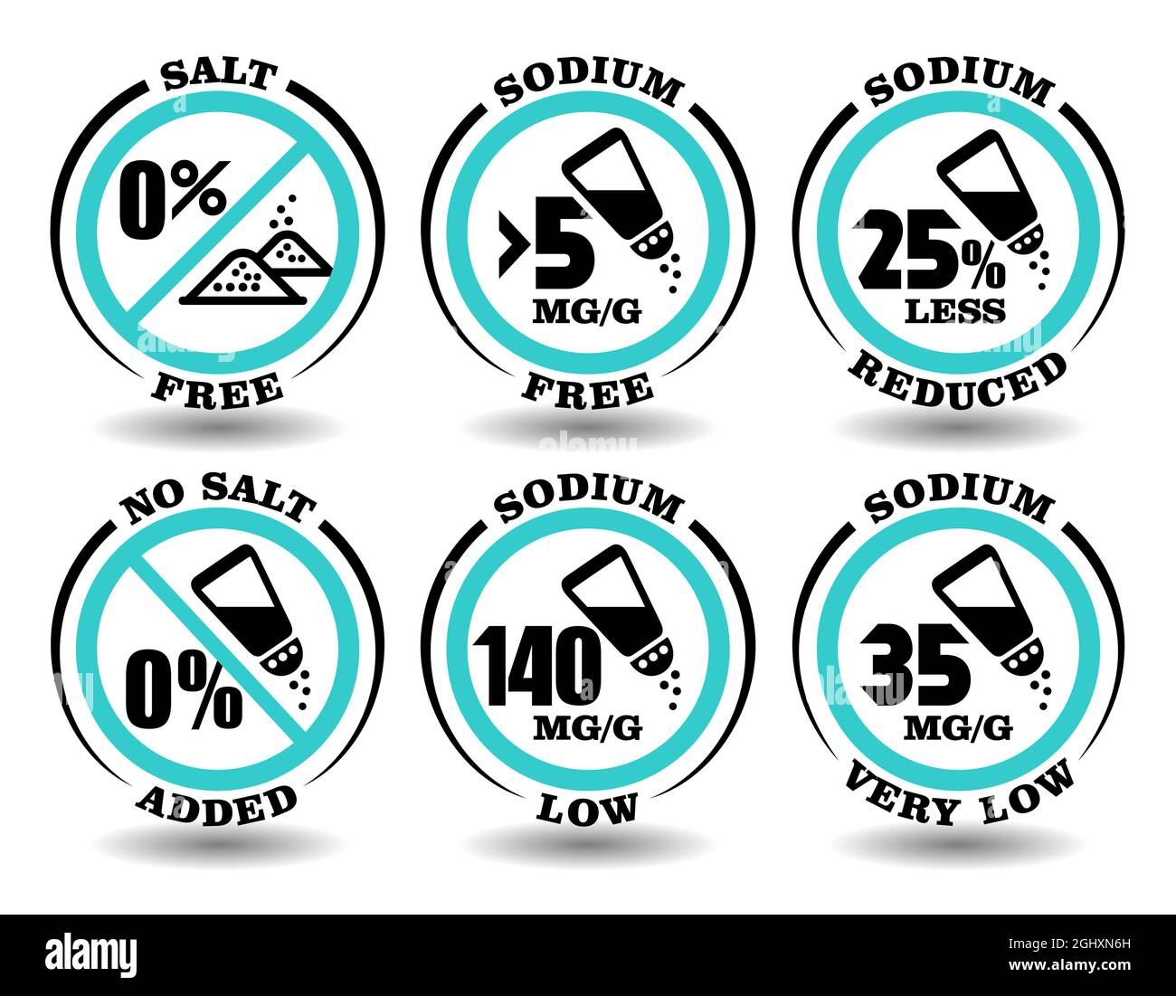 Set di simboli di concetto di icone rotonde pasto senza sale, cibo senza sodio, prodotto senza sale aggiunto, dieta a basso contenuto di sodio per il pacchetto di alimenti sani non salati Illustrazione Vettoriale