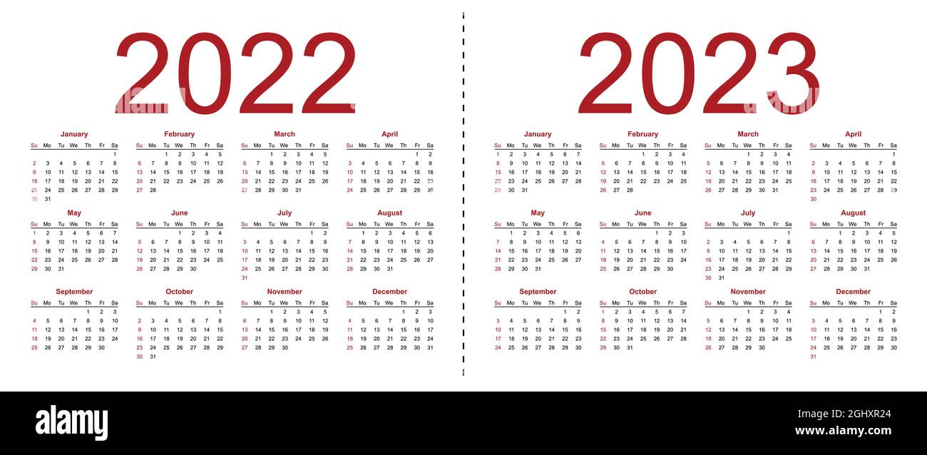 Set di calendari minimalisti, anni 2022 2023, inizio settimana Domenica. Illustrazione vettoriale isolata su sfondo bianco. Illustrazione Vettoriale