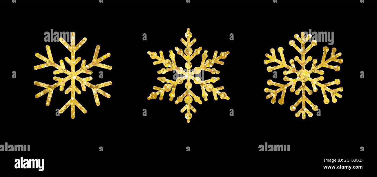Set di splendidi fiocchi di neve dorati concetto creativo. I saluti della stagione invernale. Buon Natale e una felice collezione di decorazione di Capodanno. Decorativo Illustrazione Vettoriale