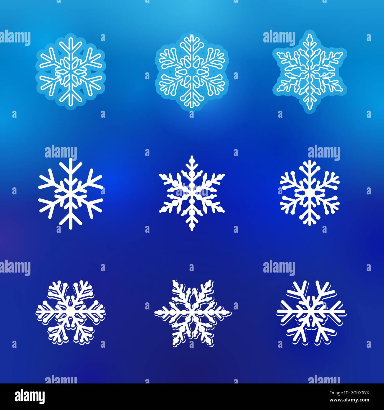Set di splendidi fiocchi di neve blu concetto creativo. I saluti della stagione invernale. Buon Natale e una felice collezione di decorazione di Capodanno. Decorativo l Illustrazione Vettoriale