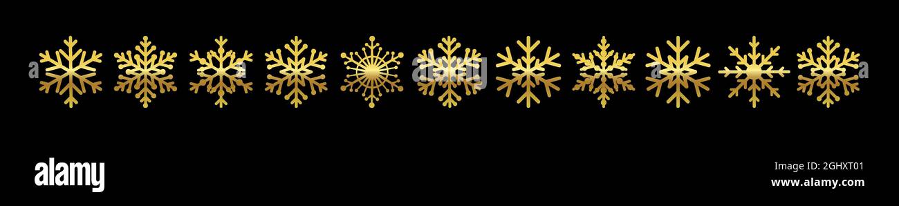 Set di splendidi fiocchi di neve dorati concetto creativo. I saluti della stagione invernale. Buon Natale e una felice collezione di decorazione di Capodanno. Decorativo Illustrazione Vettoriale