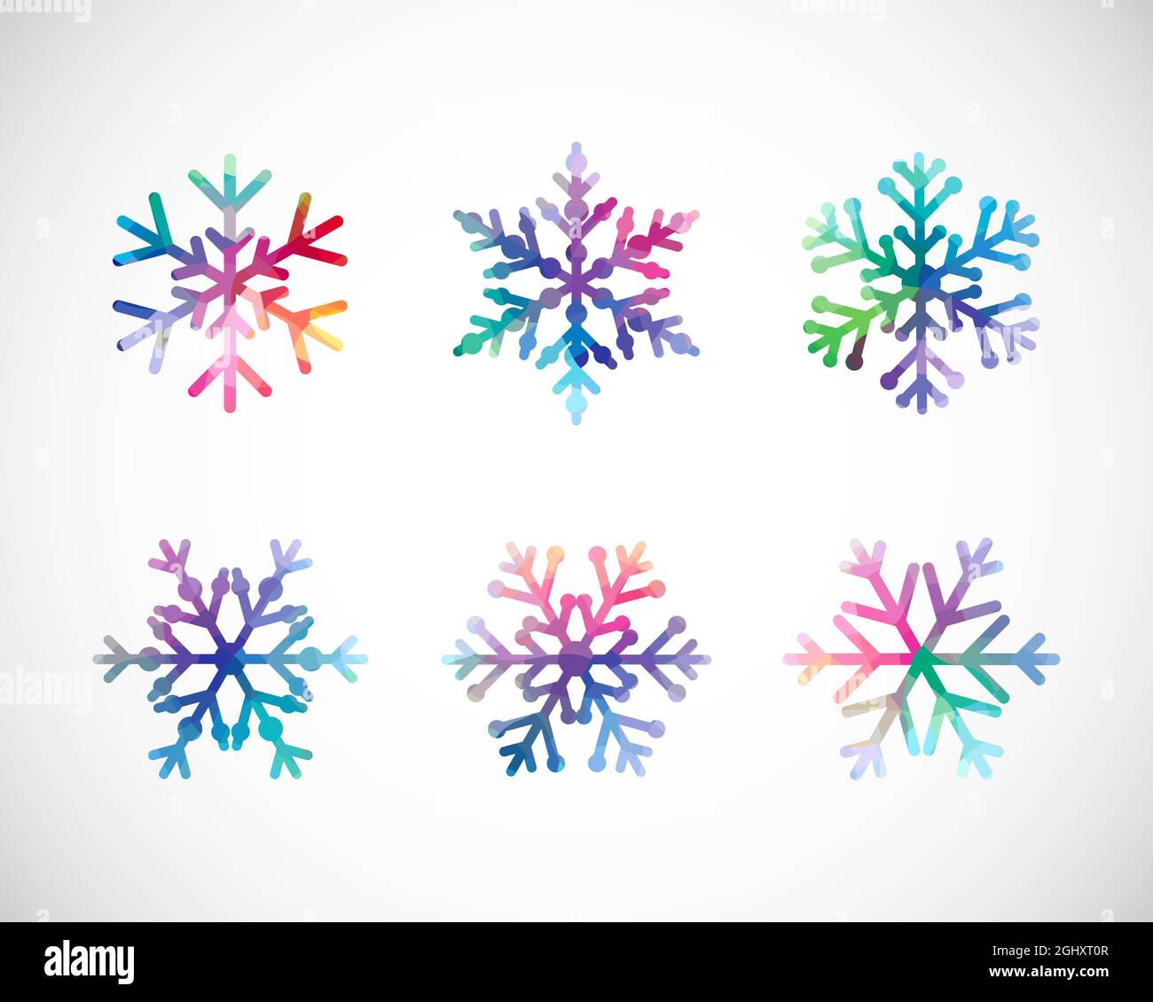 Set di splendidi fiocchi di neve creativi. Il concetto di saluto della stagione invernale. Buon Natale e una felice collezione di decorazione di Capodanno. Etichette decorative Illustrazione Vettoriale
