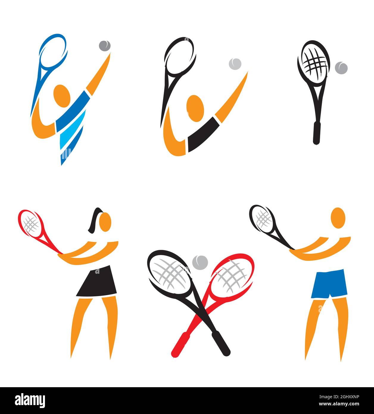 Icone tennis. Set di simboli colorati con giocatori di tennis e racchette da tennis. Vector disponibile. Illustrazione Vettoriale