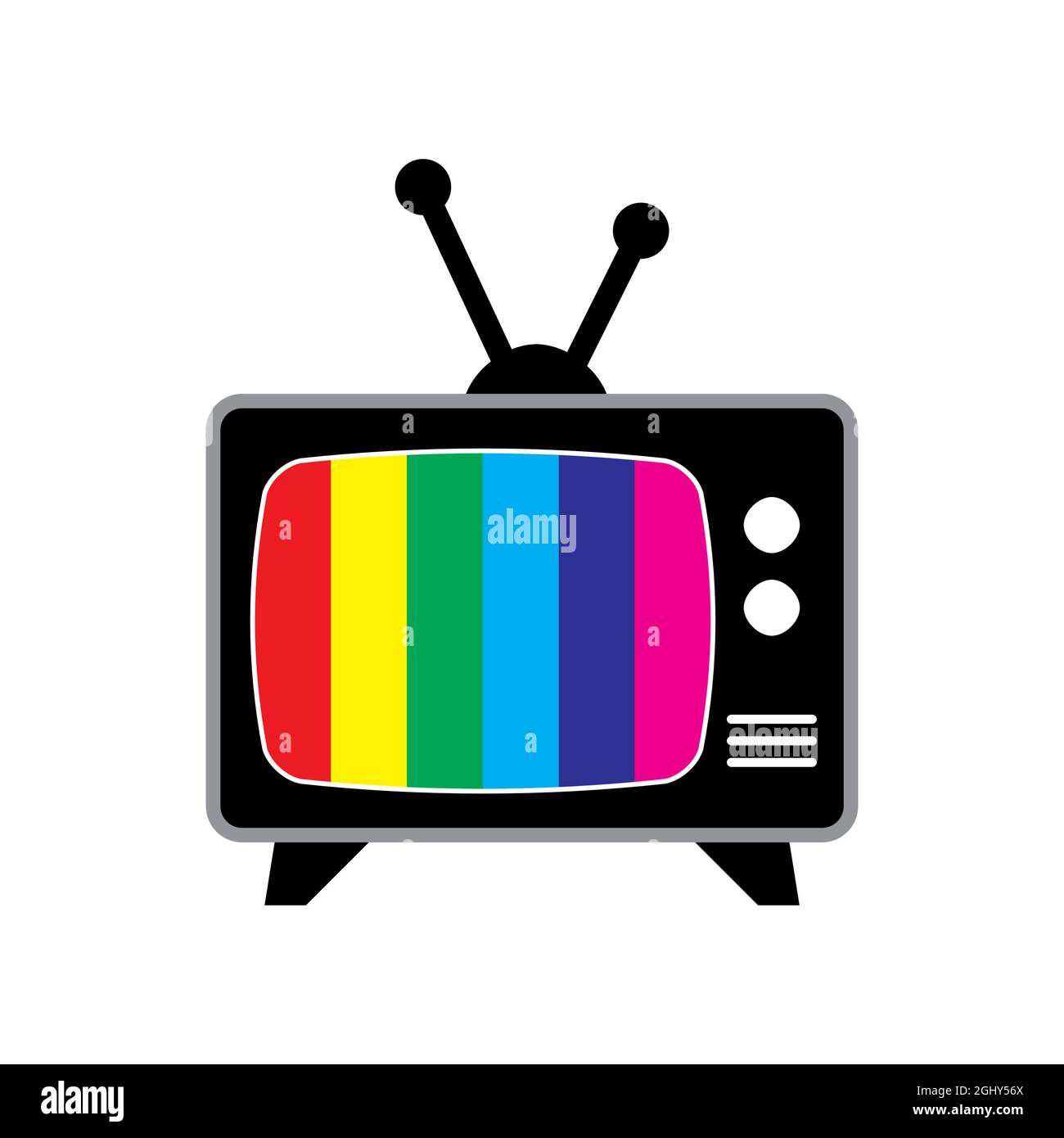 Simbolo retro tv. Icona del vecchio schermo televisivo con strisce colorate. Semplice design cartoon. Illustrazione vettoriale isolata su bianco. Illustrazione Vettoriale