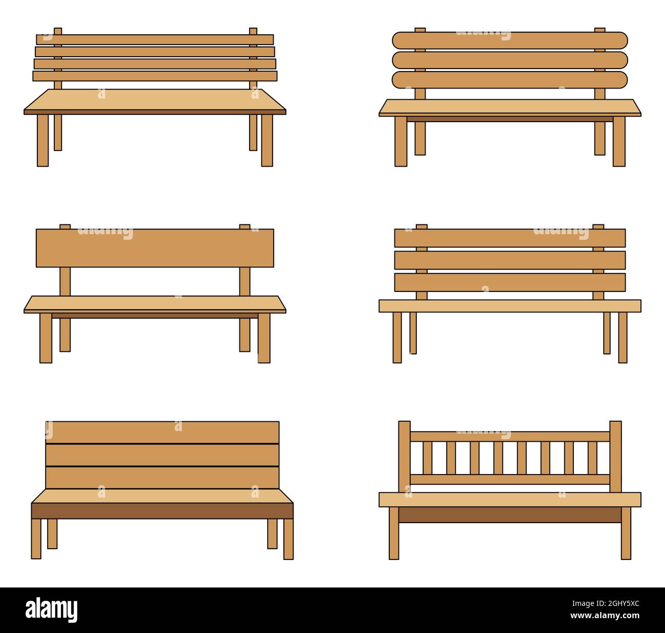 Icona del banco di stazionamento. Confortevole set di sedili pubblici in legno. Semplice design cartoon. Illustrazione vettoriale isolata su bianco. Illustrazione Vettoriale
