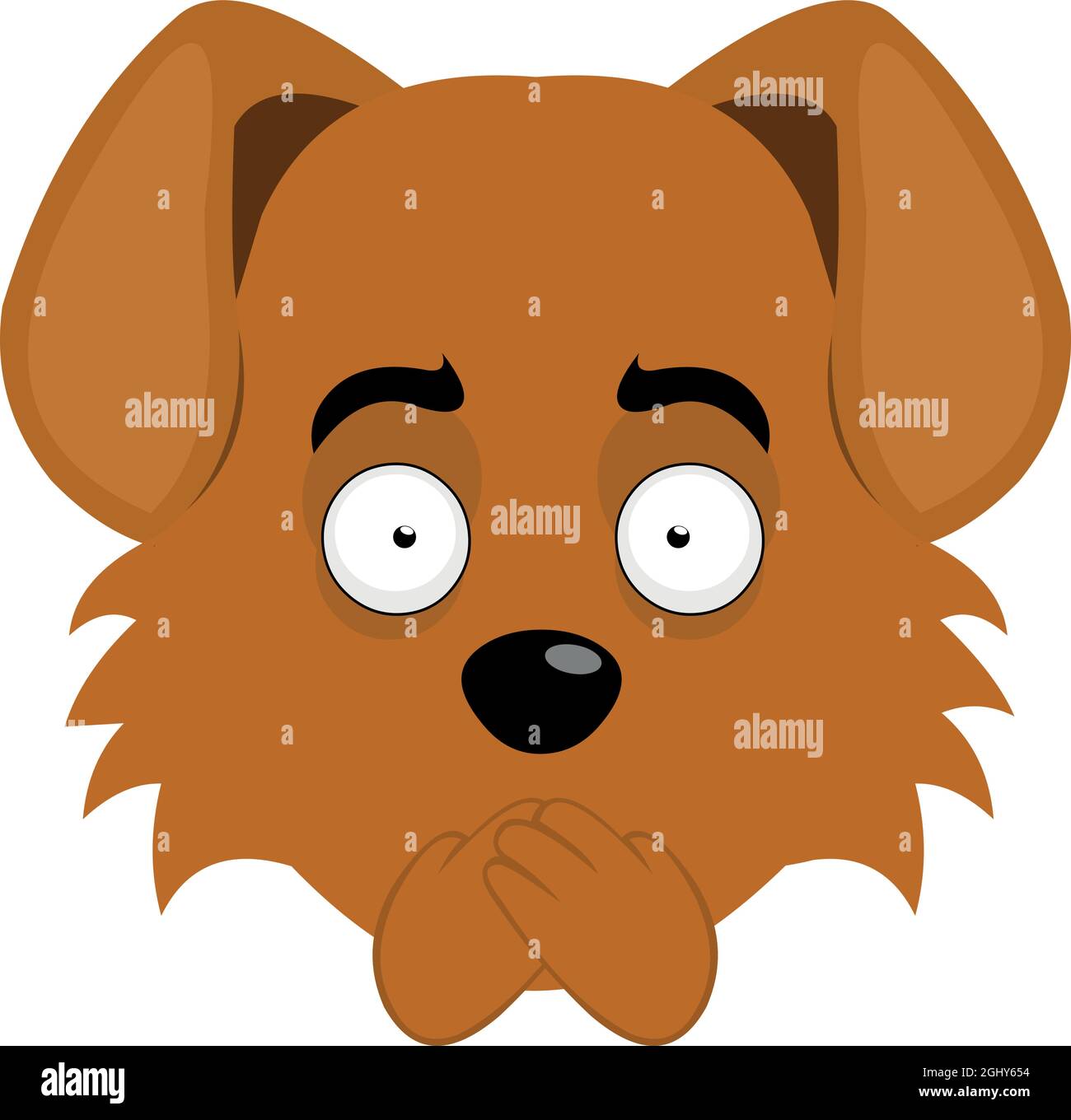 Illustrazione vettoriale dell'emoticon del volto di un cane da cartoon che fa silenzio coprendo la bocca con le mani Illustrazione Vettoriale