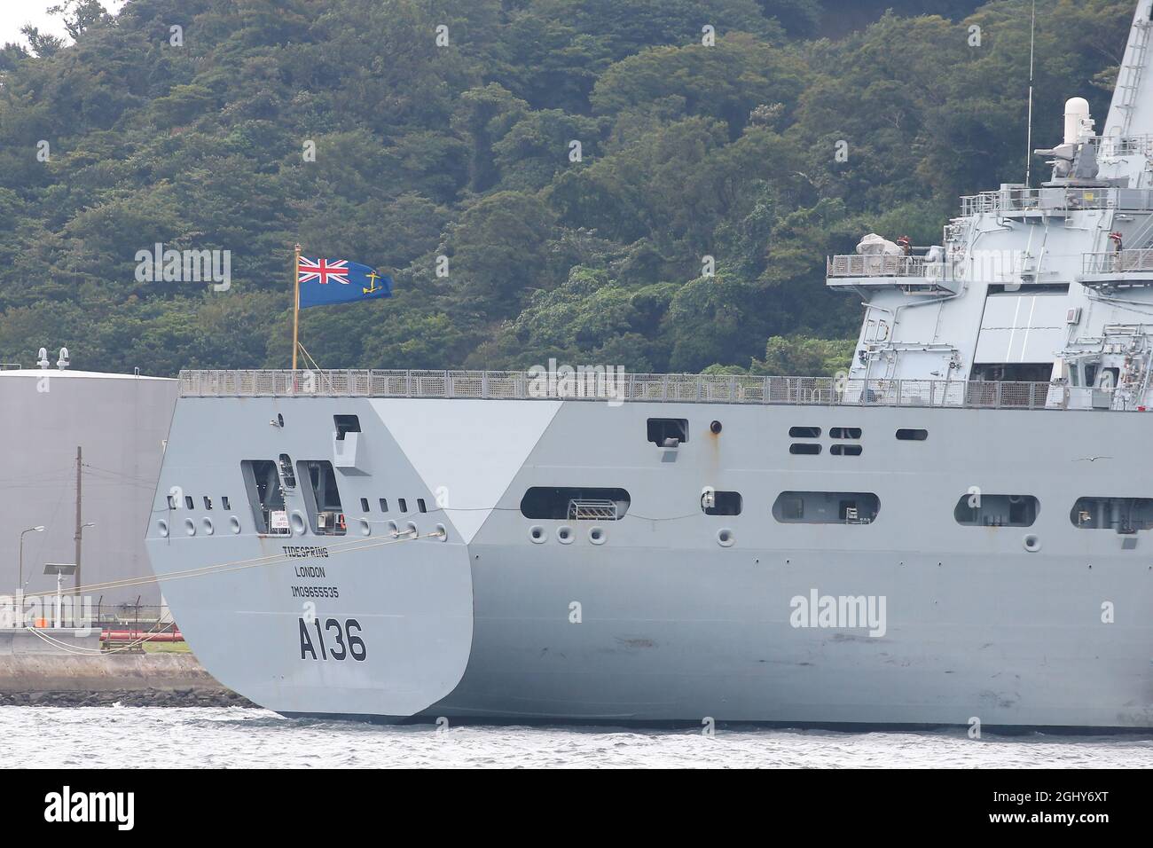 Kanagawa, Giappone. 07 settembre 2021. Nave di rifornimento della flotta ausiliaria Royal Navy. È stata la prima delle navi di rifornimento RFA Tidespring (A136) a chiamare alla base navale degli Stati Uniti Yokosuka, Giappone, dal 5 settembre 2021 al 2021 settembre. Il 7 settembre 2021 a Tokyo, Giappone. (Foto di Kazuki Oishi/Sipa USA) Credit: Sipa USA/Alamy Live News Foto Stock