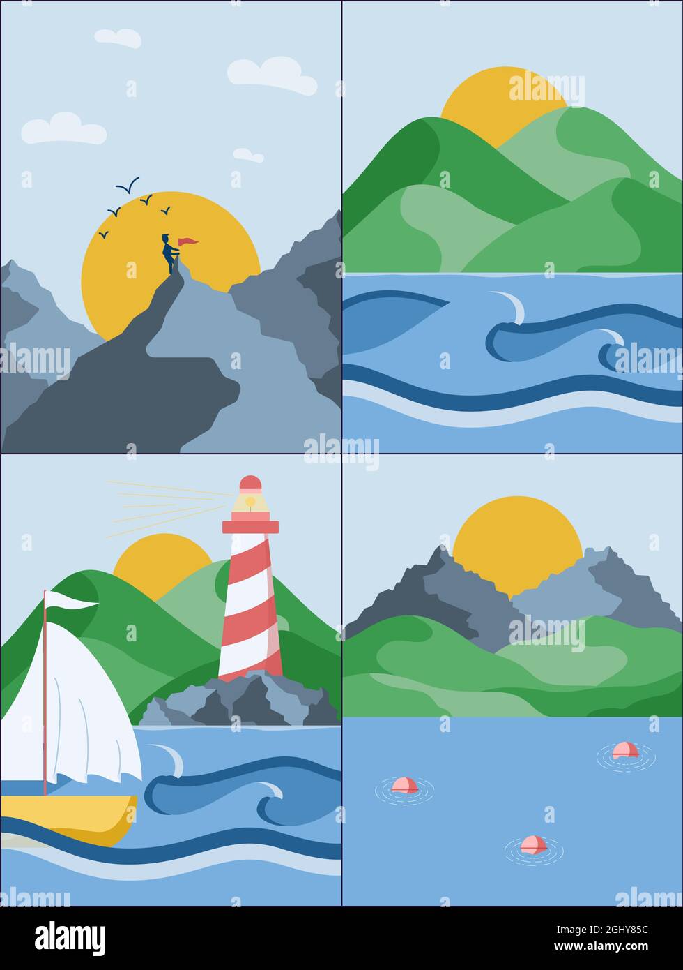 Poster di paesaggi estivi con diverse viste sul mare, montagne e colline. Illustrazione vettoriale in stile piatto. Illustrazione Vettoriale