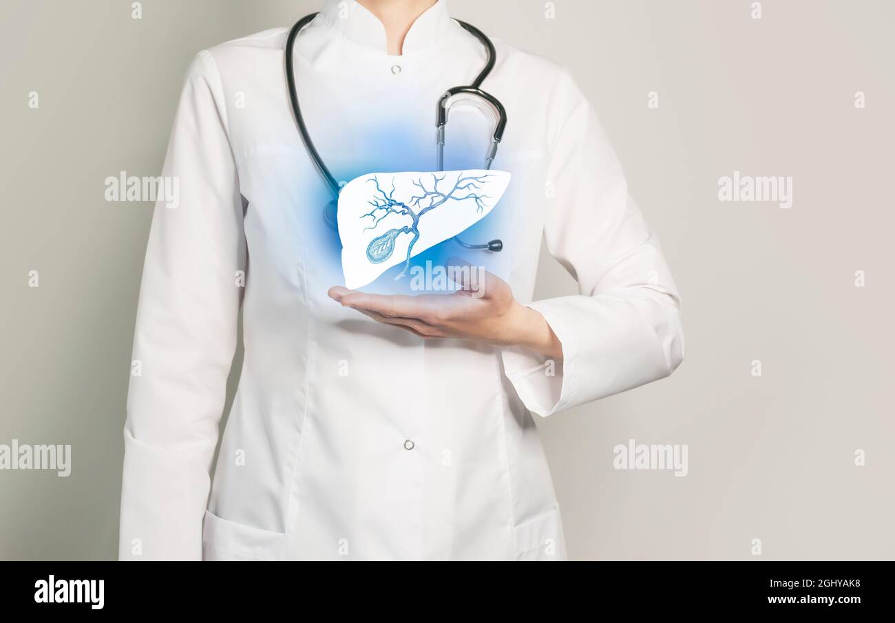 La cistifellea emette il concetto medico. Foto medico femminile, spazio vuoto. Foto Stock