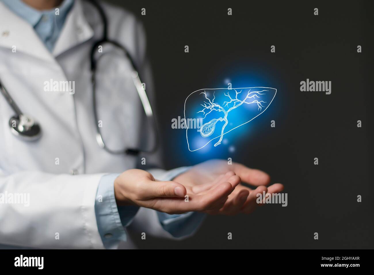 La cistifellea emette il concetto medico. Foto medico femminile, spazio vuoto. Foto Stock