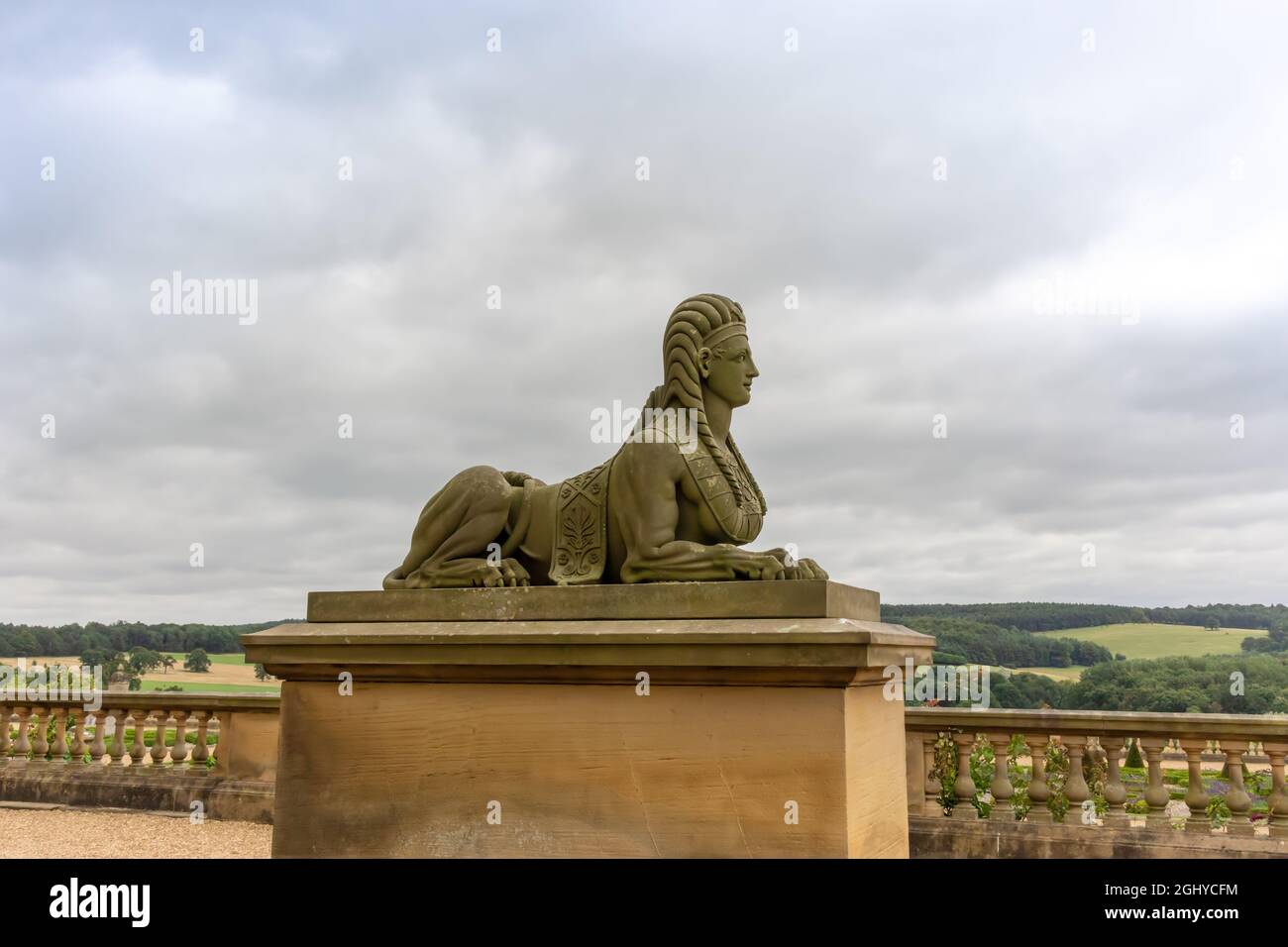 Antica scultura in pietra scolpita di una sfinge, famoso monumento raffigura il corpo di un leone con una testa umana nei giardini di Harewood House vicino Leeds. Foto Stock