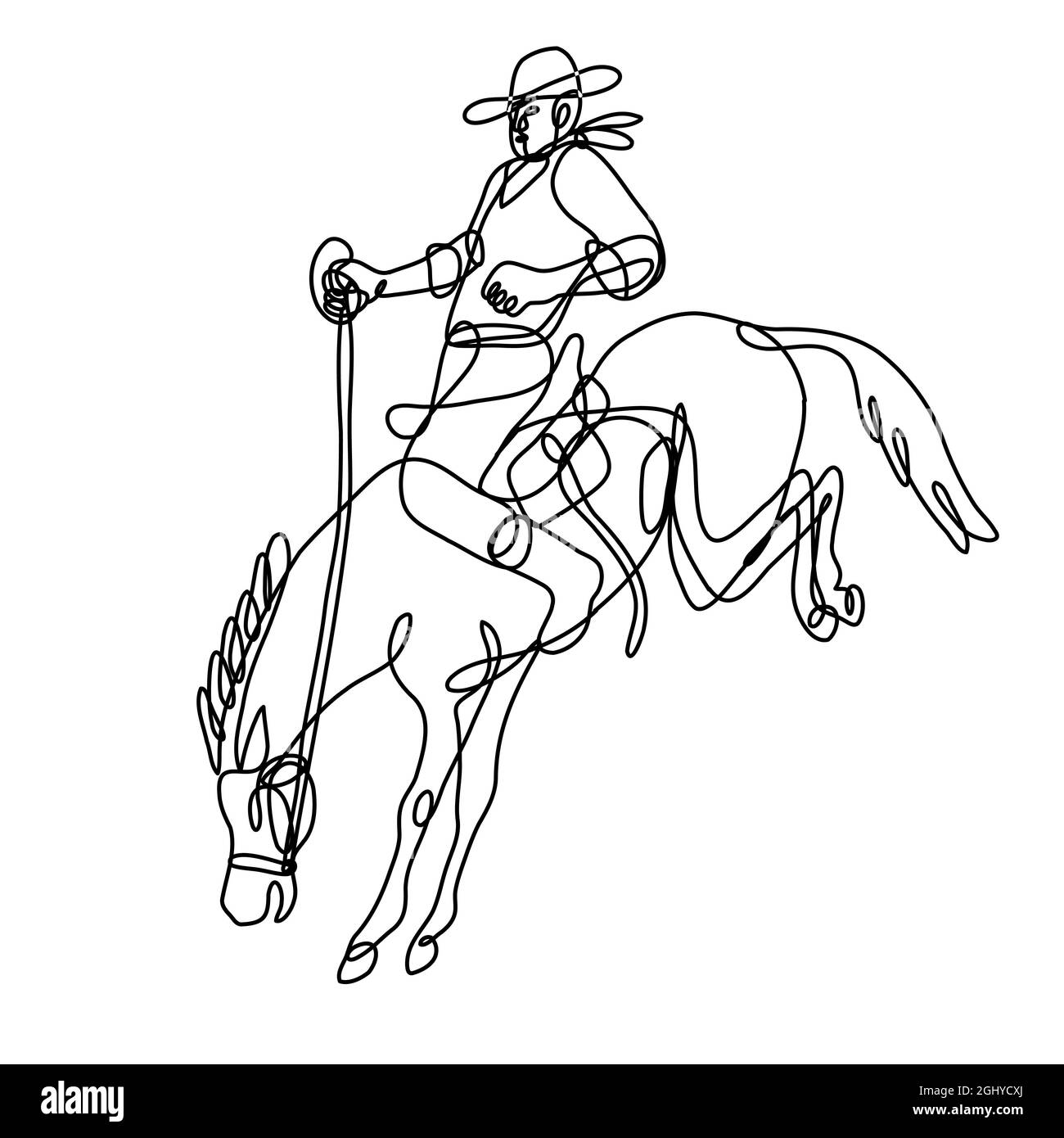 Rodeo Cowboy Riding Bucking Bronco Vista laterale linea continua disegno Foto Stock