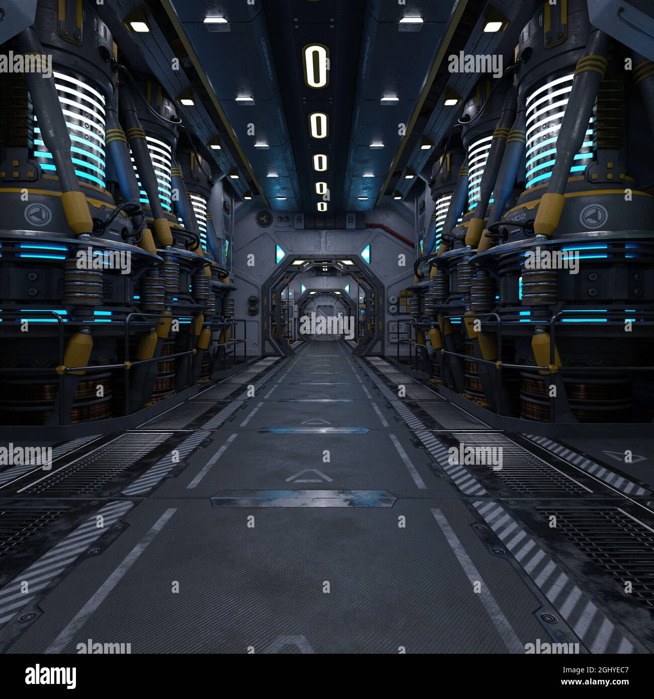 Illustrazione in 3D di un grande corridoio in una stella di fantascienza Foto Stock