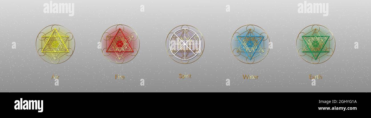 Cinque icone di elementi e il simbolo dello Spirito magico, i simboli rotondi dorati impostano il modello. Simbolo di aria, fuoco, acqua, terra. Pittogramma segni di alchimia isolati Illustrazione Vettoriale