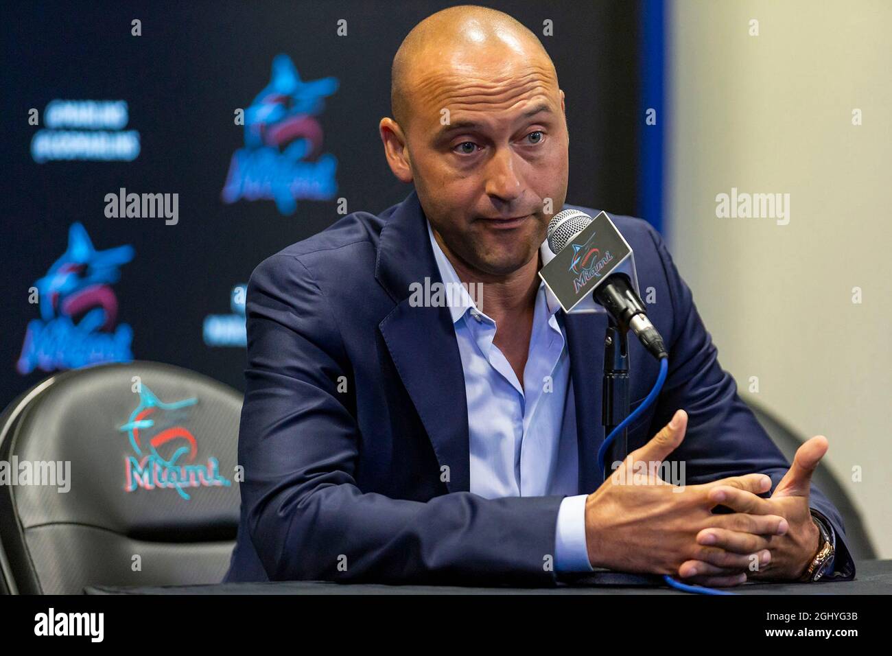 Miami, Stati Uniti. 20 Settembre 2019. Derek Jeter, Chief Executive Officer dei Miami Marlins, parla durante una conferenza stampa al Marlins Park di Miami il 20 settembre 2019. (Foto di Matias J. Ocner/Miami Herald/TNS/Sipa USA) Credit: Sipa USA/Alamy Live News Foto Stock