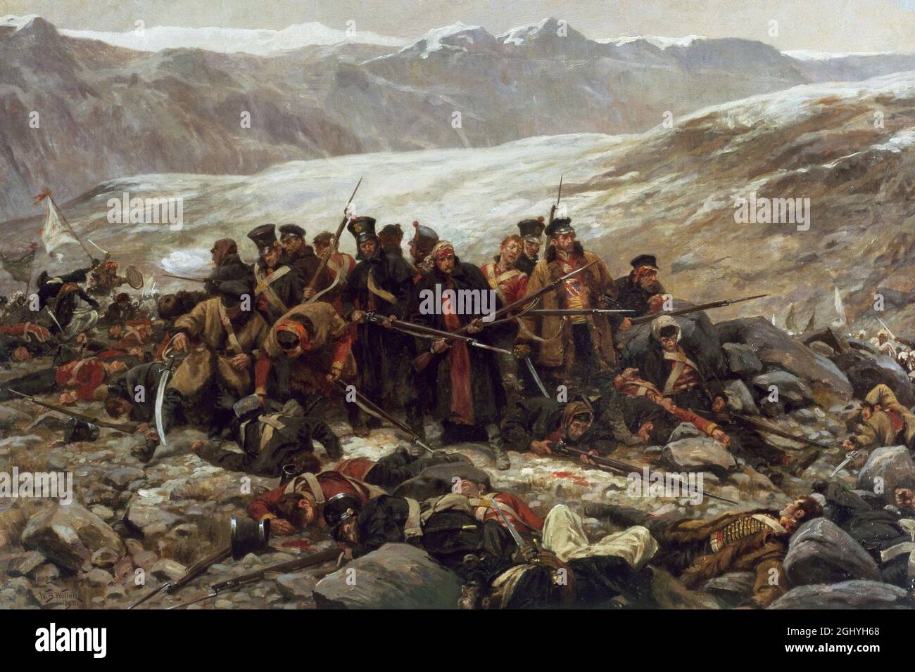 L'ultima posizione dei sopravvissuti del 44° piede di sua Maestà a Gandamak durante il catastrofico ritiro dell'esercito britannico da Kabul a Jalalabad vie il passo di Khord-Kabul. Dei circa 16000 soldati e civili che hanno lasciato Kabul per Jalalabad, solo 1 (Dr William Brydon) l'ha resa viva. Dipinto di William Barnes Wollen Foto Stock