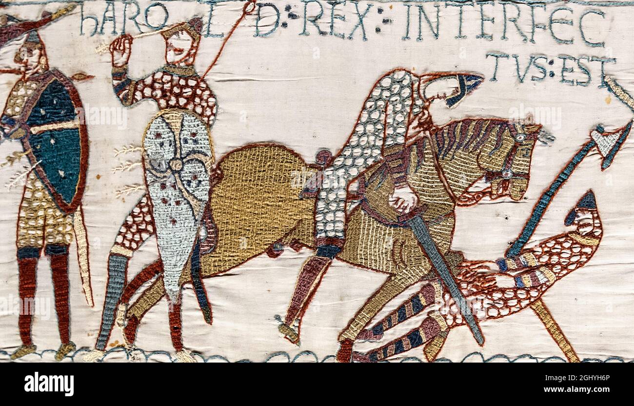 La morte di re Harold alla battaglia di Hastings, una scena dal Bayeux Tapestry Foto Stock