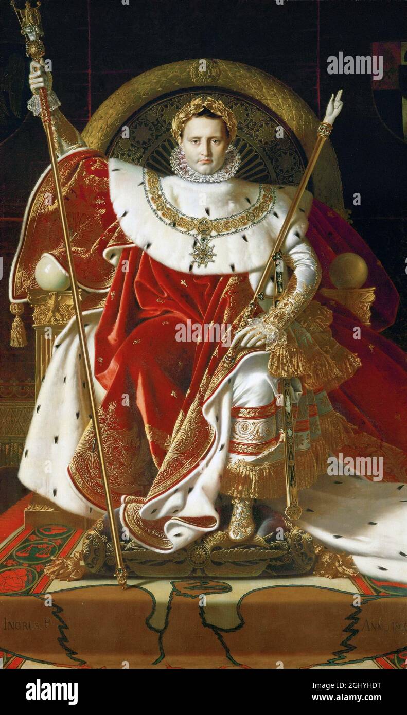 Napoleone Bonaparte vestito come Imperatore nelle sue vestaglie d'incoronazione, sedette sul suo trono imperiale, di Jean-Auguste-Dominique Ingres. Foto Stock