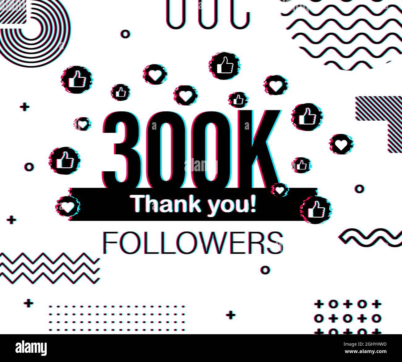 Grazie 300 000 numeri follower. Banner stile glitch. Congratulazioni multicolore immagine di ringraziamento per net amici piace. Illustrazione vettoriale. Illustrazione Vettoriale