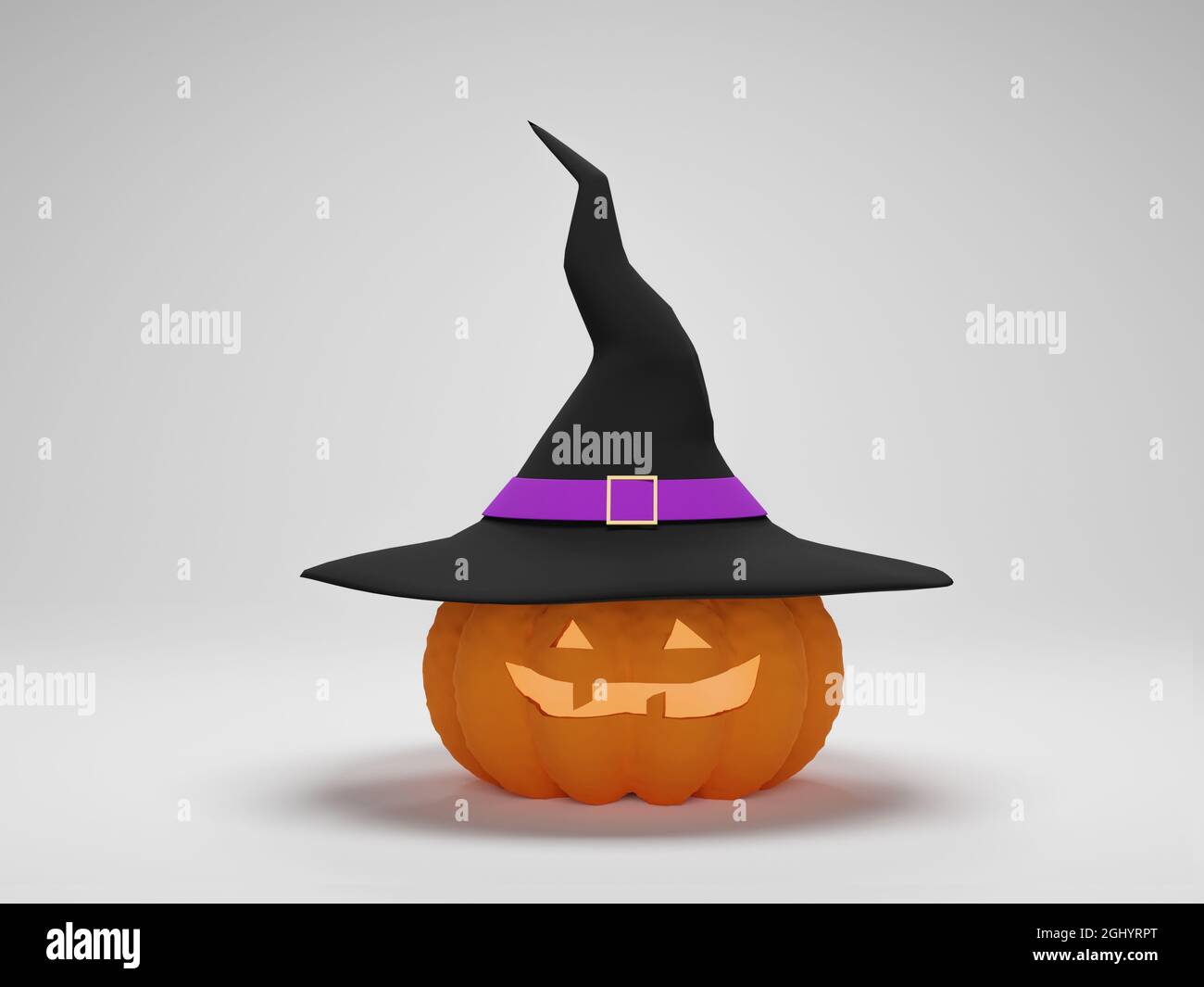 Rendering 3D. Zucca di Halloween che indossa un cappello di strega su sfondo bianco. Felice sfondo di Halloween Foto Stock