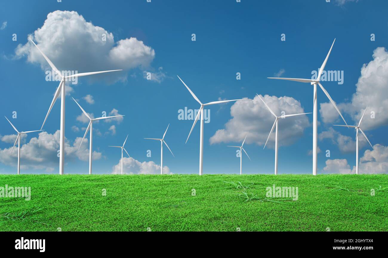 Turbine eoliche su sfondo cielo blu. Mulino a vento, eco Power. Concetto di tecnologia energetica ecologica Foto Stock