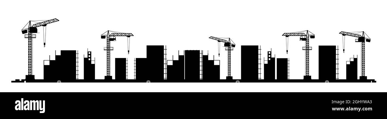 Costruzione di un nuovo microstruttorio della città. Silhouette. Gru e trattori. Tecnologie e attrezzature moderne. Isolato su sfondo bianco Illustrazione Vettoriale