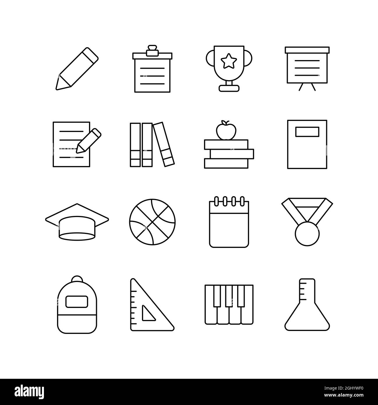 Scuola, istruzione, lezione, studio icona set di illustrazione. Foto Stock